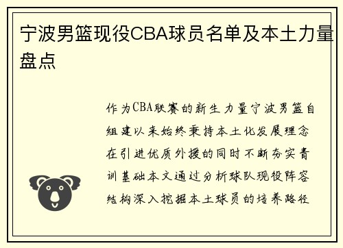 宁波男篮现役CBA球员名单及本土力量盘点