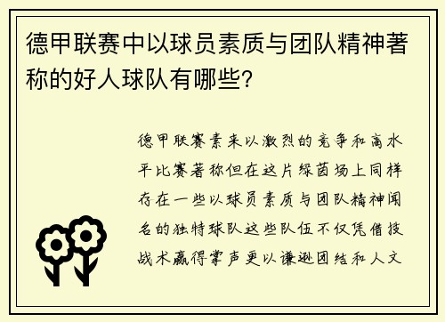 德甲联赛中以球员素质与团队精神著称的好人球队有哪些？